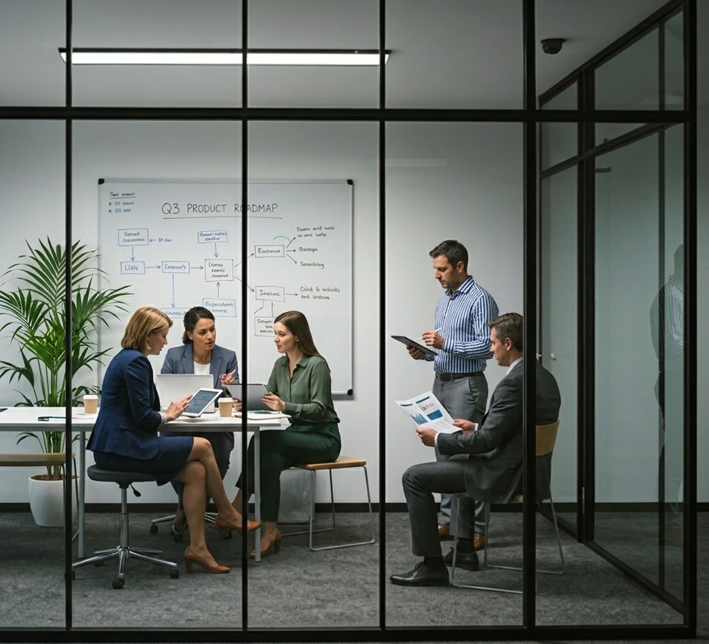 Team collaboration in a glass meeting room